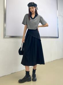 DAZY High Waist Pleated Panel Skirt - Black - View 11