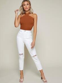 SHEIN BAE 素色十字交叉緊身繞頸上衣 - 鏽棕色 - 查看 5