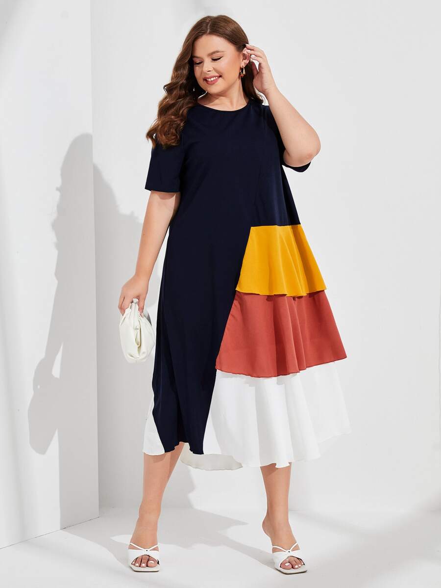 Mulvari Đầm Plus Size phân lớp Khối Màu Giải trí - Màu xanh hải quân - Xem 1