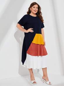 Mulvari Đầm Plus Size phân lớp Khối Màu Giải trí - Màu xanh hải quân - Xem 3