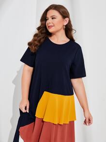 Mulvari Đầm Plus Size phân lớp Khối Màu Giải trí - Màu xanh hải quân - Xem 4