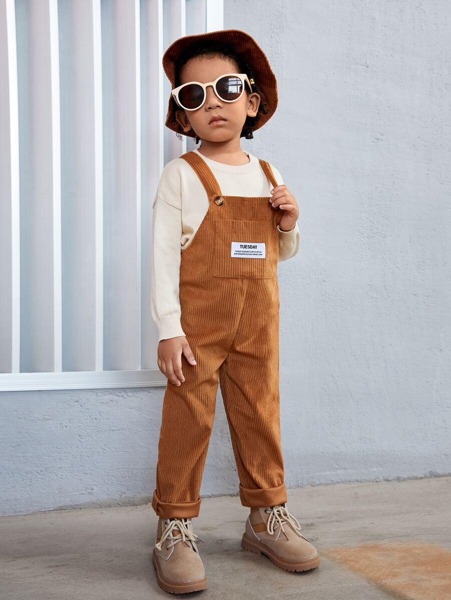SHEIN Bé trai Tổng thể Jumpsuit Thư được vá Túi mặt trước - màu nâu - Xem 1