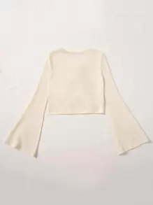 SHEIN EZwear Áo nữ Thắt nơ trước màu trơn Giải trí - Màu be - Xem 2