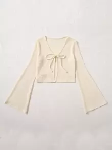 SHEIN EZwear Áo nữ Thắt nơ trước màu trơn Giải trí - Màu be - Xem 3