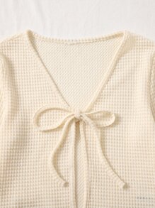 SHEIN EZwear Áo nữ Thắt nơ trước màu trơn Giải trí - Màu be - Xem 4