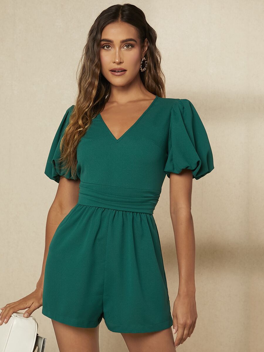 SHEIN Privé Áo liền quần nữ Xù Dây kéo màu trơn Thanh lịch - Màu xanh lá cây đậm - Xem 1