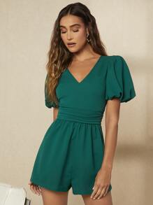 SHEIN Privé Áo liền quần nữ Xù Dây kéo màu trơn Thanh lịch - Màu xanh lá cây đậm - Xem 4