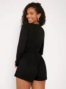 SHEIN BAE Deep V Neck Fold Pleated Romper - Black - View 3