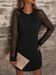 SHEIN LUNE Vestido con capucha con encaje en contraste con cordón - Negro - Ver 1