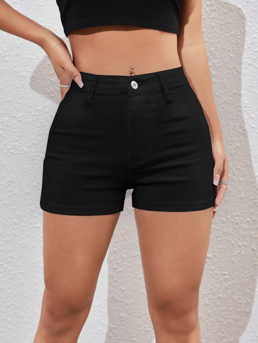 SHEIN EZwear Quần short denim nữ Nút Túi Dây kéo màu trơn - màu đen - Xem 1