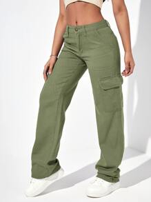 SHEIN EZwear Flap Pocket Cargo Jeans - Army Green - View 4