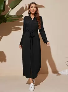 Mulvari 卷起袖子翻盖口袋系带衬衫裙长款女装 - 黑色 - 查看 1