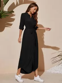 Mulvari 卷起袖子翻盖口袋系带衬衫裙长款女装 - 黑色 - 查看 3