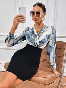 SHEIN Clasi Marble Print Surplice Neck 2 In 1 Bodycon Dress - Multicolor - View 4