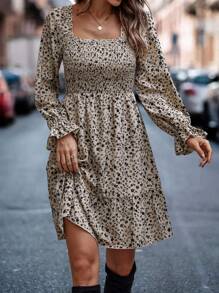 Ditsy Floral Flounce Sleeve Ruffle Hem Shirred Bodice Dress - Khaki - View 1