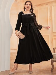 Modelyn 大碼水溶蕾絲拼接腰帶絲絨洋裝 - 黑色 - 查看 6