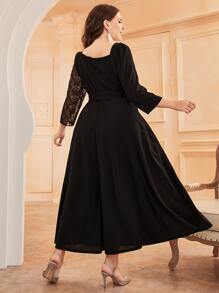 Modelyn 大碼水溶蕾絲拼接腰帶絲絨洋裝 - 黑色 - 查看 2