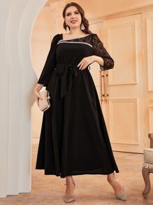 Modelyn 大碼水溶蕾絲拼接腰帶絲絨洋裝 - 黑色 - 查看 3