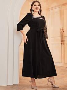 Modelyn 大碼水溶蕾絲拼接腰帶絲絨洋裝 - 黑色 - 查看 4