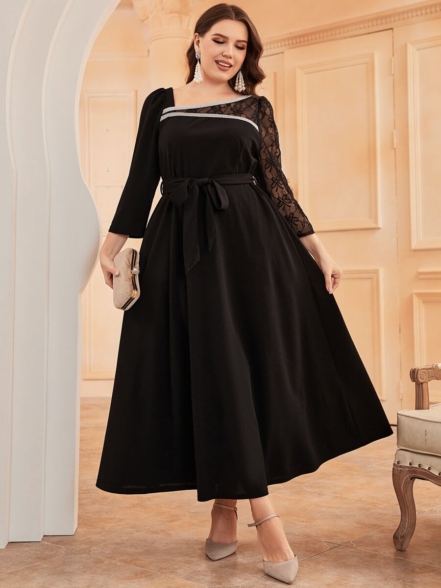 Modelyn 大碼水溶蕾絲拼接腰帶絲絨洋裝 - 黑色 - 查看 1