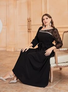 Modelyn 大碼水溶蕾絲拼接腰帶絲絨洋裝 - 黑色 - 查看 5