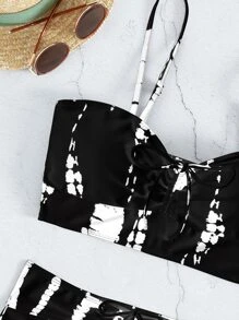 Swim Vcay Summer Beach Tie Dye Drawstring Shorts Bikini Set - Black and White - View 4