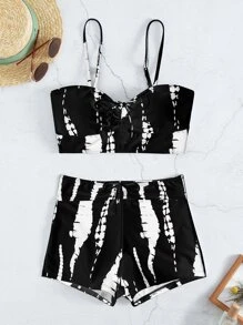 Swim Vcay Summer Beach Tie Dye Drawstring Shorts Bikini Set - Black and White - View 5