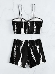 Swim Vcay Summer Beach Tie Dye Drawstring Shorts Bikini Set - Black and White - View 6