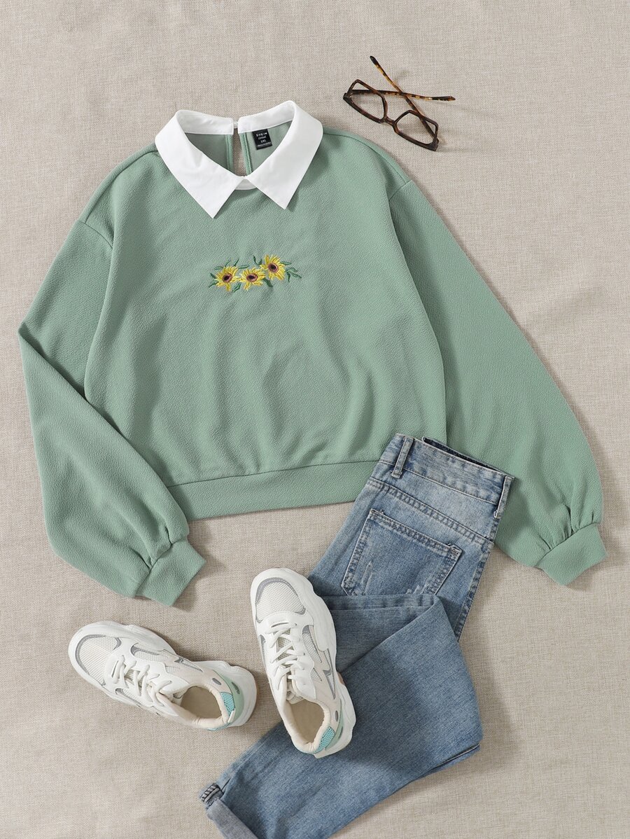 SHEIN EZwear 大碼花卉刺繡後鎖孔運動衫 - 薄荷綠 - 查看 1