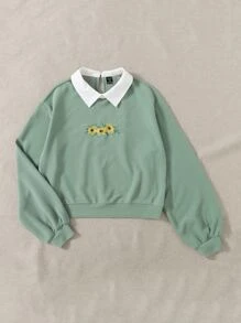 SHEIN EZwear 大碼花卉刺繡後鎖孔運動衫 - 薄荷綠 - 查看 3