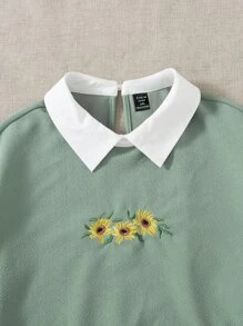 SHEIN EZwear 大碼花卉刺繡後鎖孔運動衫 - 薄荷綠 - 查看 4