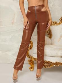 腰部鏤空拉鏈門襟PU皮革長褲 - 棕色 - 查看 1