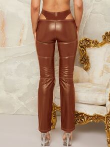 腰部鏤空拉鏈門襟PU皮革長褲 - 棕色 - 查看 2