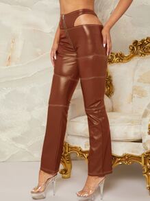 腰部鏤空拉鏈門襟PU皮革長褲 - 棕色 - 查看 3