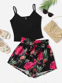 SHEIN VCAY Rib-Knit Cami Top & Belted Tropical Shorts Two Piece Set