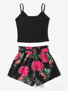 SHEIN VCAY Rib-Knit Cami Top & Belted Tropical Shorts Two Piece Set