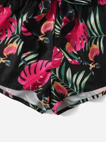 SHEIN VCAY Rib-Knit Cami Top & Belted Tropical Shorts Two Piece Set