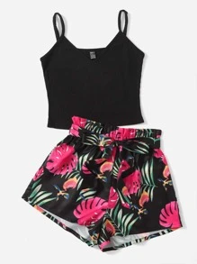 SHEIN VCAY Rib-Knit Cami Top & Belted Tropical Shorts Two Piece Set