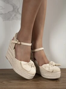 女士蝴蝶結裝飾編織踝帶度假仿麂皮淺口坡跟鞋