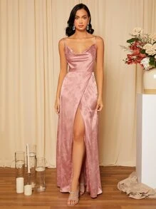 SHEIN Belle 提花垂墜圍裹下擺緞面吊帶裙伴娘禮服