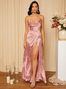 SHEIN Belle 提花垂墜圍裹下擺緞面吊帶裙伴娘禮服