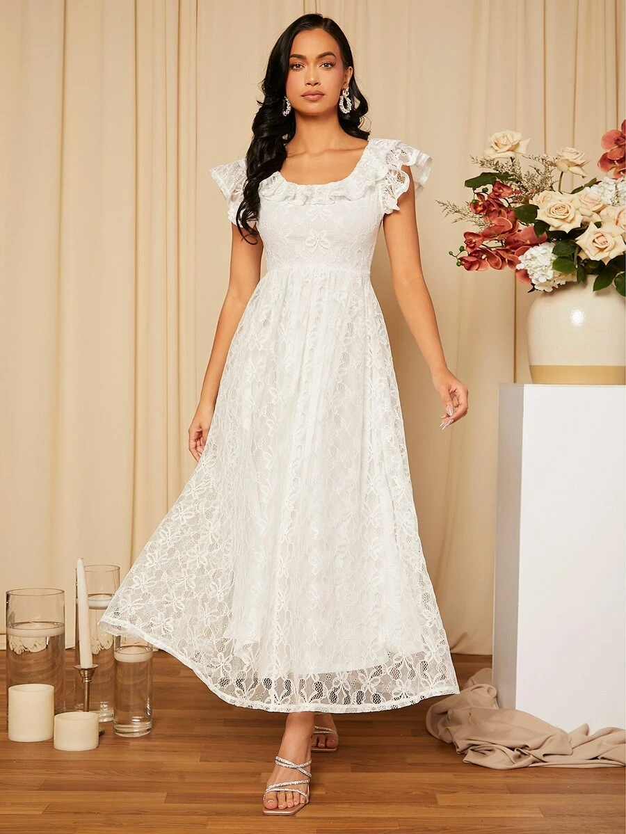 SHEIN Belle Ruffle Trim Butterfly Sleeve Lace Wedding Dress - White - View 1