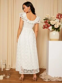 SHEIN Belle Ruffle Trim Butterfly Sleeve Lace Wedding Dress - White - View 2