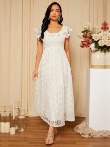 SHEIN Belle Ruffle Trim Butterfly Sleeve Lace Wedding Dress - White - View 6