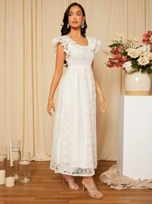 SHEIN Belle Ruffle Trim Butterfly Sleeve Lace Wedding Dress - White - View 5