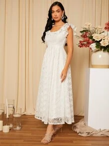 SHEIN Belle Ruffle Trim Butterfly Sleeve Lace Wedding Dress - White - View 7