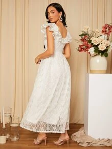 SHEIN Belle Ruffle Trim Butterfly Sleeve Lace Wedding Dress - White - View 4