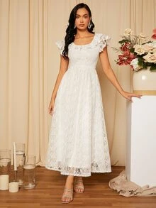 SHEIN Belle Ruffle Trim Butterfly Sleeve Lace Wedding Dress - White - View 3