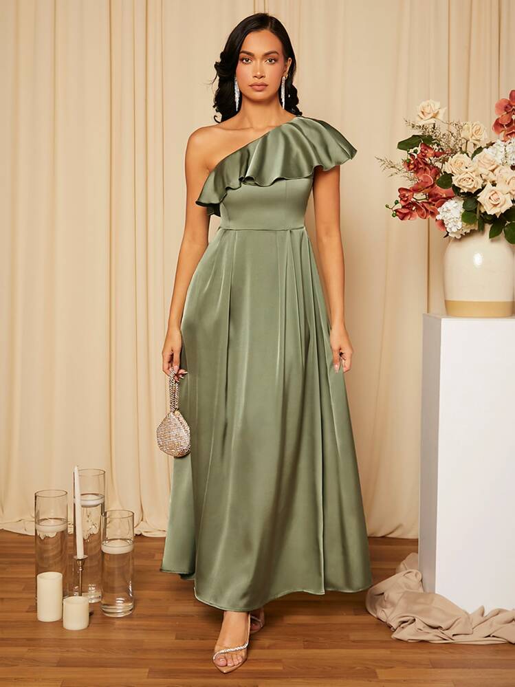 SHEIN Belle Asymmetrical Neck Ruffle Trim Plicated Detail Satin Bridesmaid Dress, Elegant Formal Evening Prom Wedding Guest Gown, For Graduation, Dinner, Party Dress - Army Green - View 1