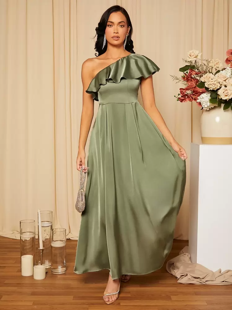 SHEIN Belle Asymmetrical Neck Ruffle Trim Plicated Detail Satin Bridesmaid Dress, Elegant Formal Evening Prom Wedding Guest Gown, For Graduation, Dinner, Party Dress - Army Green - View 3